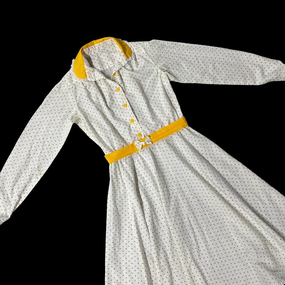 Vintage White Dress 1970s Handmade Floral Yellow Rose Belted Waist Long Sleeves